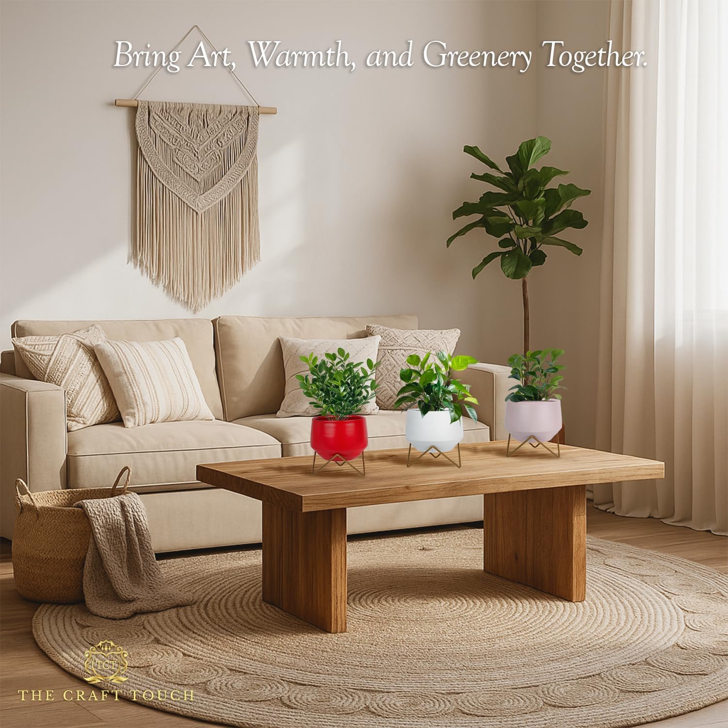 Matte Metal Planters with Gold Stand (Set of 3) – Minimalist Indoor Plant Pots for Living Room, Office & Modern Home Decor