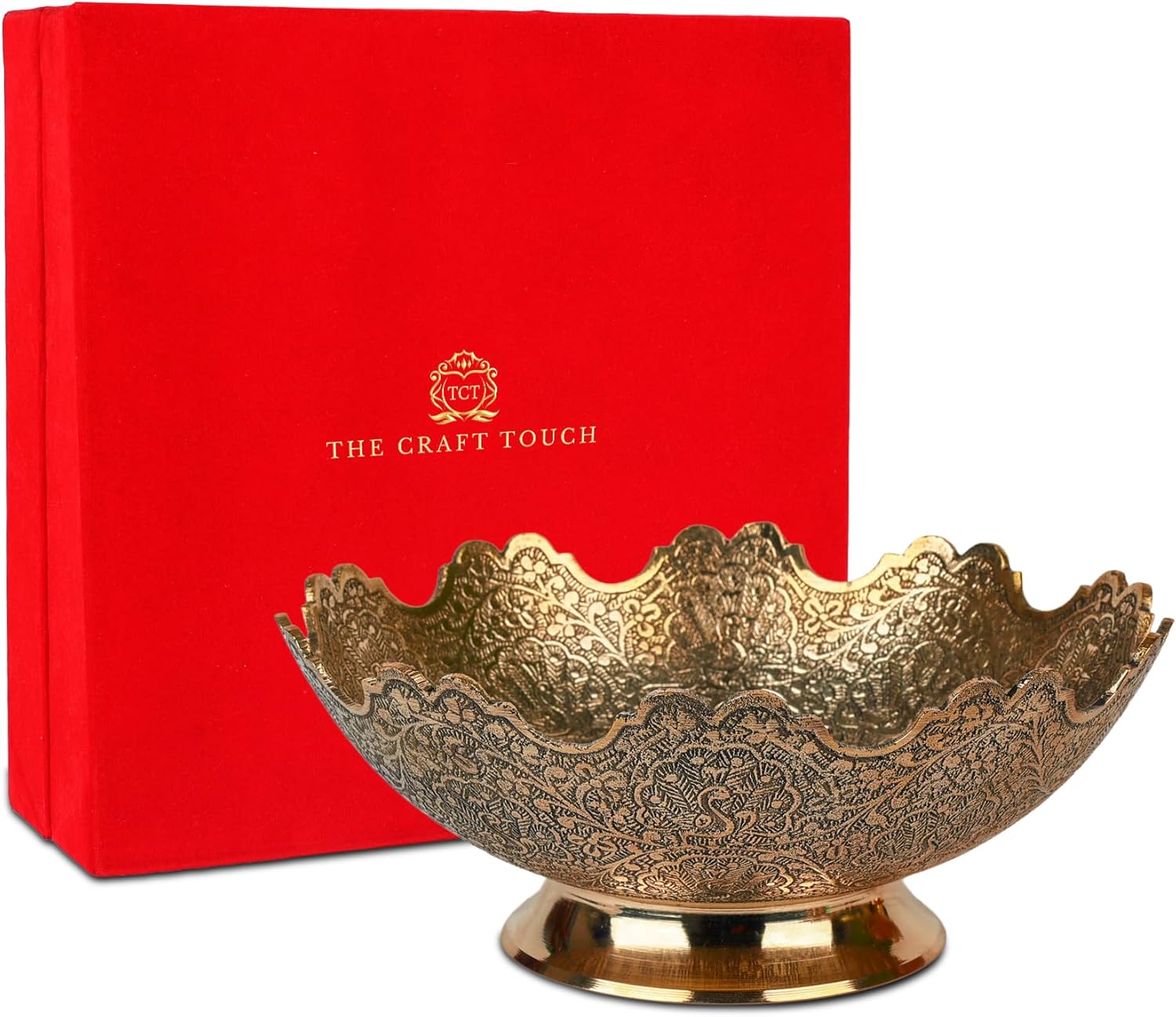 Moroccan Brass Decorative Bowl – 8-Inch Hand-Painted Enamel with Floral Engravings & Scalloped Rim | Elegant Bowl for Fruits, Dining Table Centrepiece, Living Room & Kitchen Décor