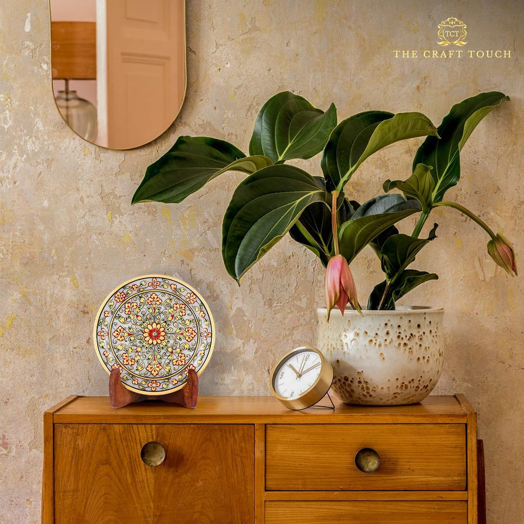 Handcrafted White Marble Decorative Plate, Gold Floral Design, Luxury Hand-Painted Artisan Art for Home Décor | Perfect for Weddings, Housewarmings & Festive Gifting