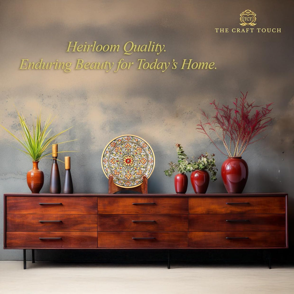 Handcrafted White Marble Decorative Plate, Gold Floral Design, Luxury Hand-Painted Artisan Art for Home Décor | Perfect for Weddings, Housewarmings & Festive Gifting