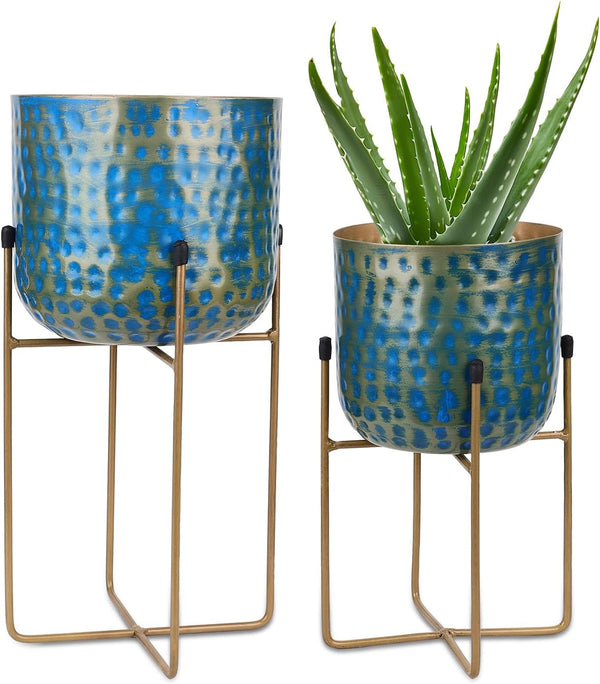 Handmade Blue Textured Metal Planter Set with Modern Gold Stand – Decorative Indoor Plant Pots for Home, Living Room & Office