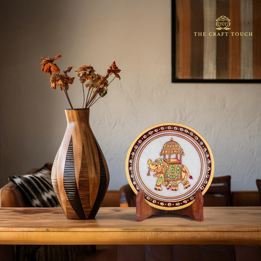 Handcrafted White Marble Decorative Plate, Gold Elephant Design, Luxury Hand-Painted Artisan Art for Home Décor | Perfect for Weddings, Housewarmings & Festive Gifting