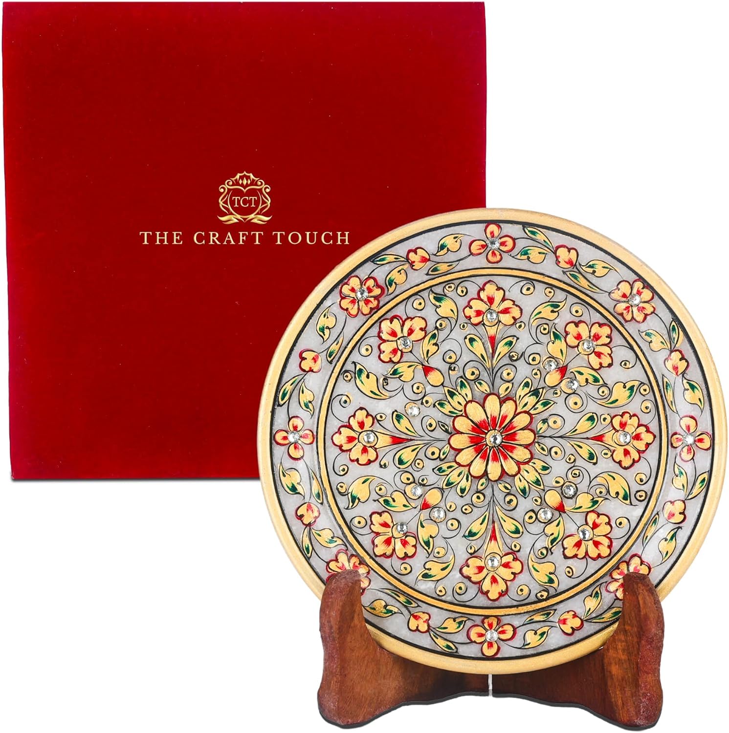 Handcrafted White Marble Decorative Plate, Gold Floral Design, Luxury Hand-Painted Artisan Art for Home Décor | Perfect for Weddings, Housewarmings & Festive Gifting