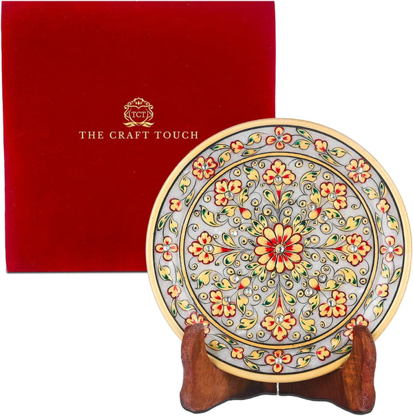 Handcrafted White Marble Decorative Plate, Gold Floral Design, Luxury Hand-Painted Artisan Art for Home Décor | Perfect for Weddings, Housewarmings & Festive Gifting