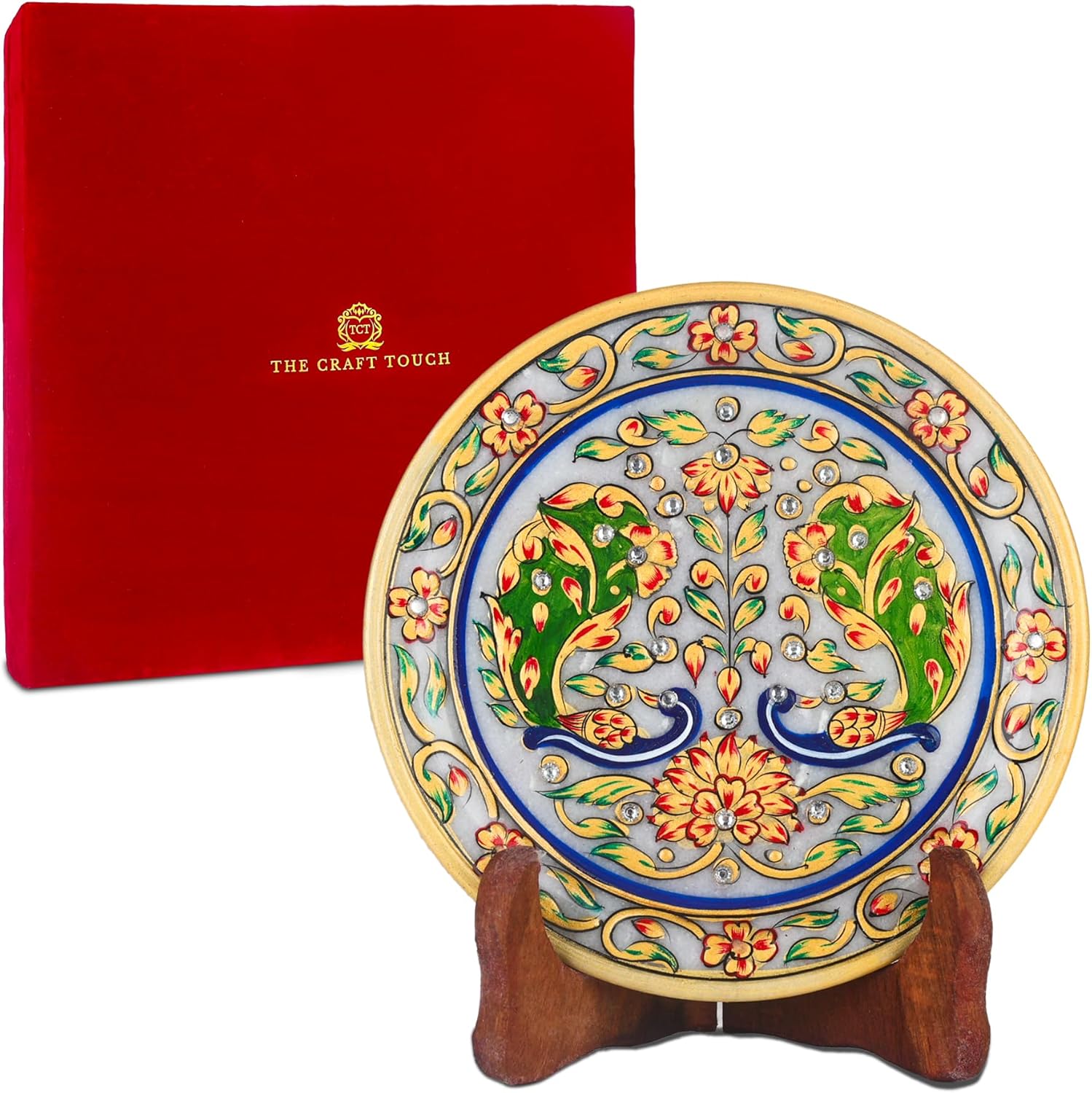 Handcrafted White Marble Decorative Plate, Gold Peacock & Floral Design, Luxury Hand-Painted Artisan Art for Home Décor | Perfect for Weddings, Housewarmings & Festive Gifting