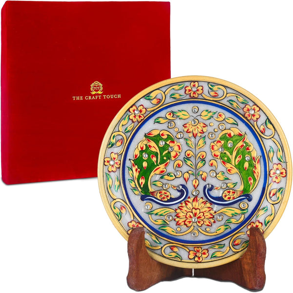Handcrafted White Marble Decorative Plate, Gold Peacock & Floral Design, Luxury Hand-Painted Artisan Art for Home Décor | Perfect for Weddings, Housewarmings & Festive Gifting