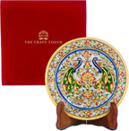 Handcrafted White Marble Decorative Plate, Gold Peacock & Floral Design, Luxury Hand-Painted Artisan Art for Home Décor | Perfect for Weddings, Housewarmings & Festive Gifting