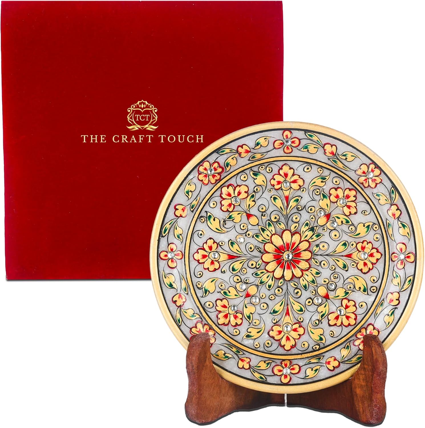 Handcrafted White Marble Decorative Plate, Gold Floral Design, Luxury Hand-Painted Artisan Art for Home Décor | Perfect for Weddings, Housewarmings & Festive Gifting