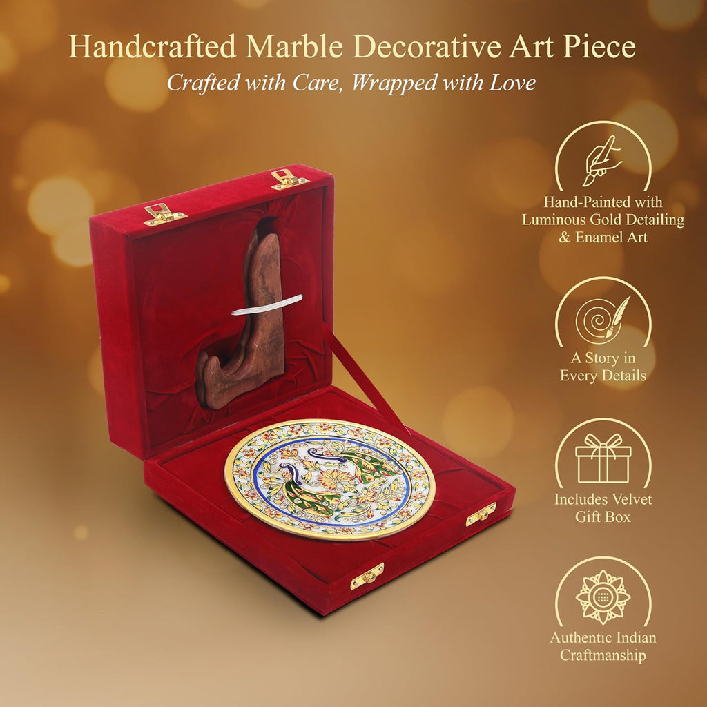 Handcrafted White Marble Decorative Plate, Gold Peacock & Floral Design, Luxury Hand-Painted Artisan Art for Home Décor | Perfect for Weddings, Housewarmings & Festive Gifting