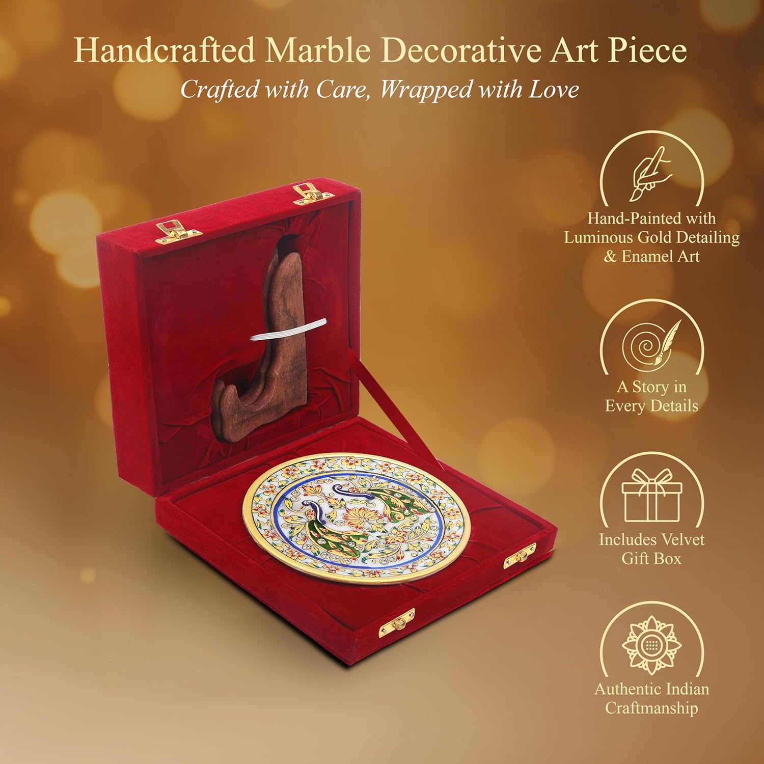 Handcrafted White Marble Decorative Plate, Gold Peacock & Floral Design, Luxury Hand-Painted Artisan Art for Home Décor | Perfect for Weddings, Housewarmings & Festive Gifting