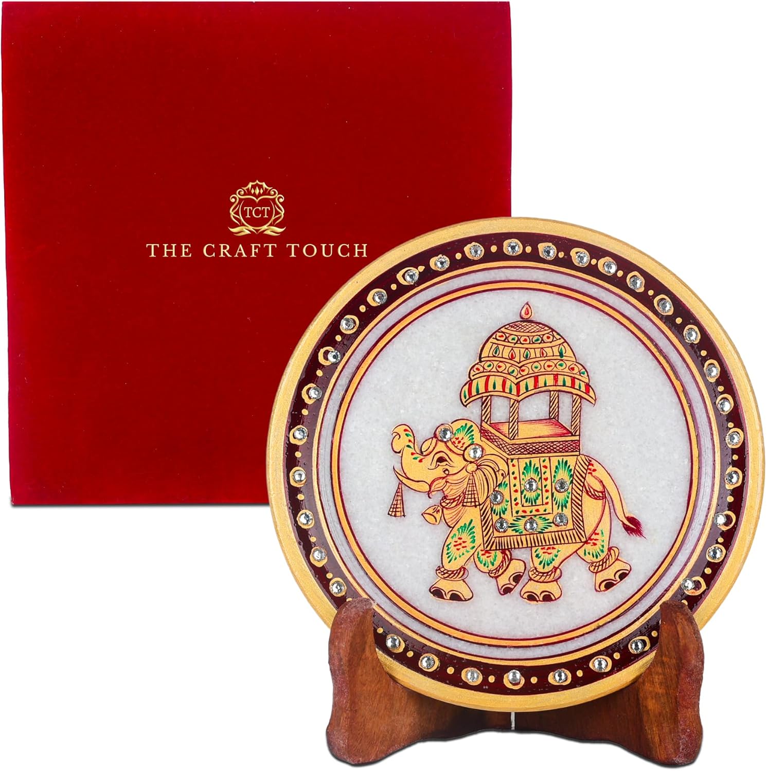 Handcrafted White Marble Decorative Plate, Gold Elephant Design, Luxury Hand-Painted Artisan Art for Home Décor | Perfect for Weddings, Housewarmings & Festive Gifting