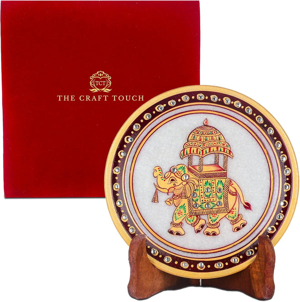 Handcrafted White Marble Decorative Plate, Gold Elephant Design, Luxury Hand-Painted Artisan Art for Home Décor | Perfect for Weddings, Housewarmings & Festive Gifting