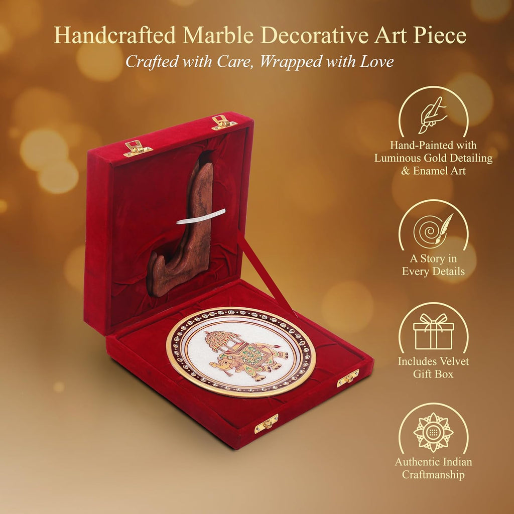 Handcrafted White Marble Decorative Plate, Gold Elephant Design, Luxury Hand-Painted Artisan Art for Home Décor | Perfect for Weddings, Housewarmings & Festive Gifting