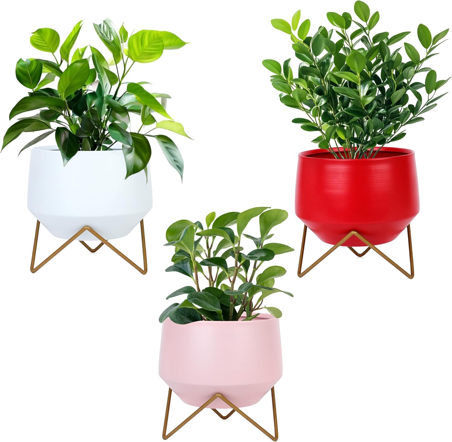 Matte Metal Planters with Gold Stand (Set of 3) – Minimalist Indoor Plant Pots for Living Room, Office & Modern Home Decor