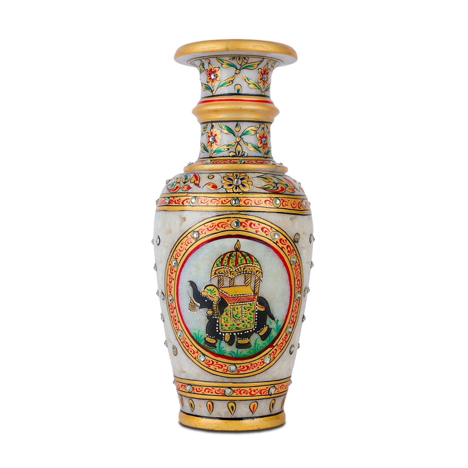 Elegant White Makrana Marble Decorative Vase – 9 Inch Handcrafted Floral Design (Royal Elephant)