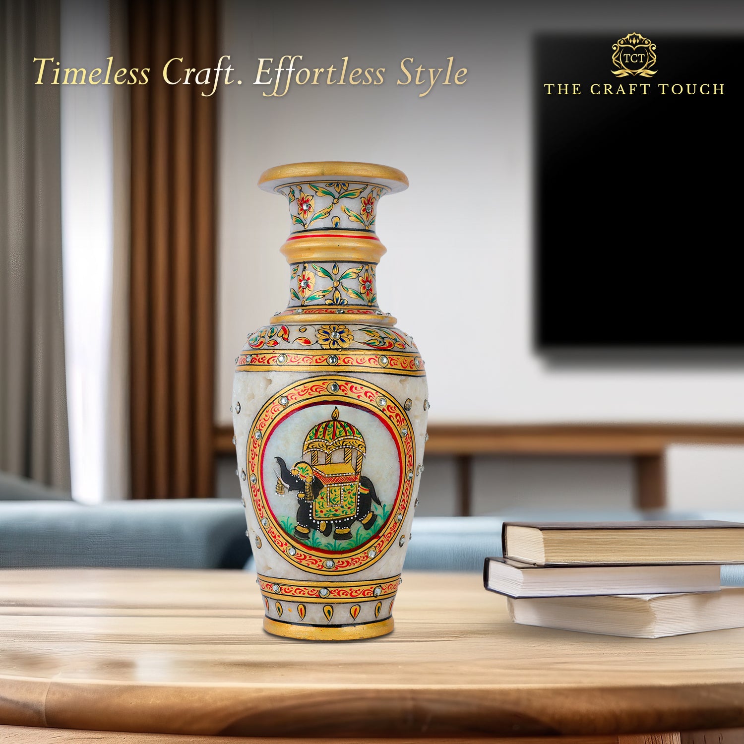 Elegant White Makrana Marble Decorative Vase – 9 Inch Handcrafted Floral Design (Royal Elephant)