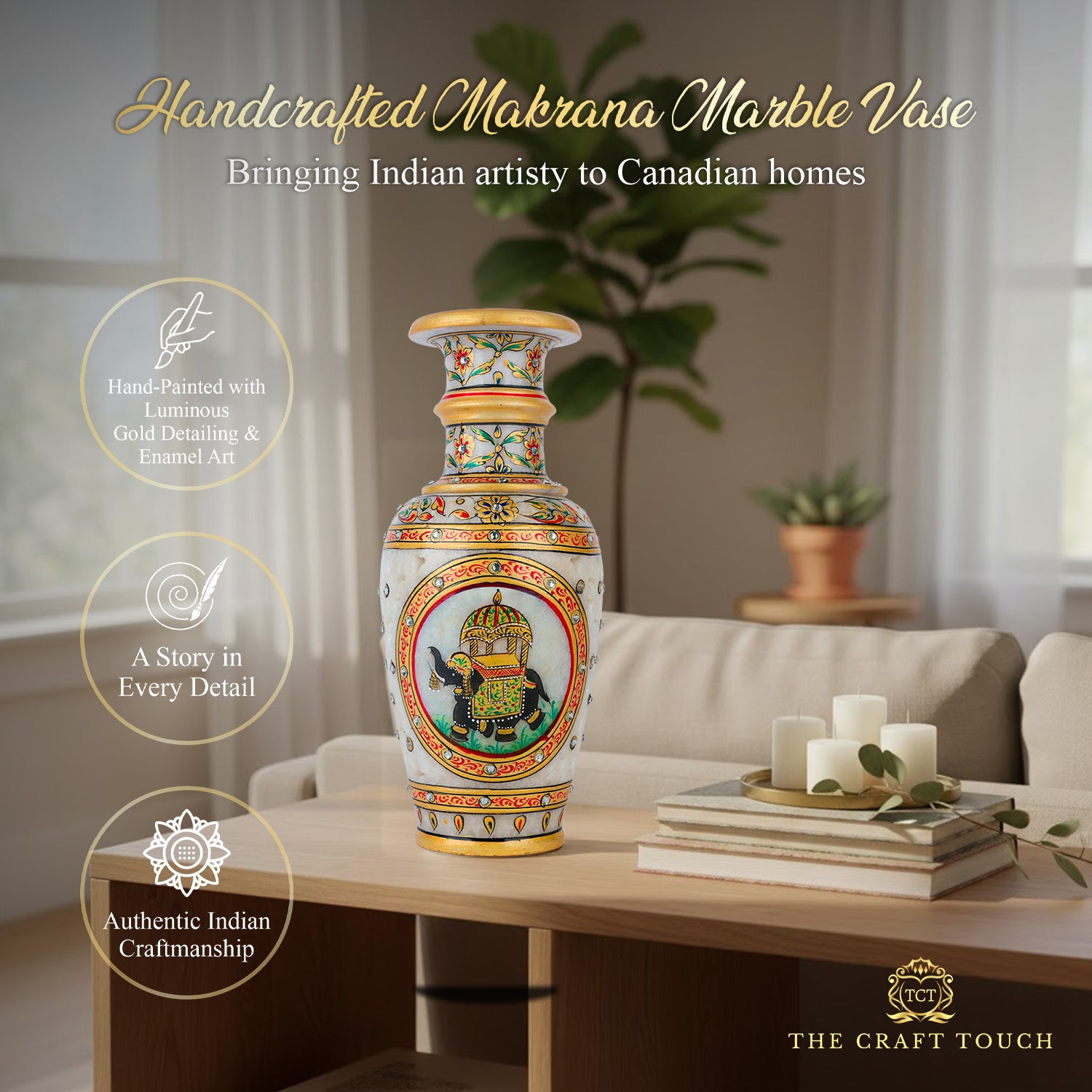 Elegant White Makrana Marble Decorative Vase – 9 Inch Handcrafted Floral Design (Royal Elephant)