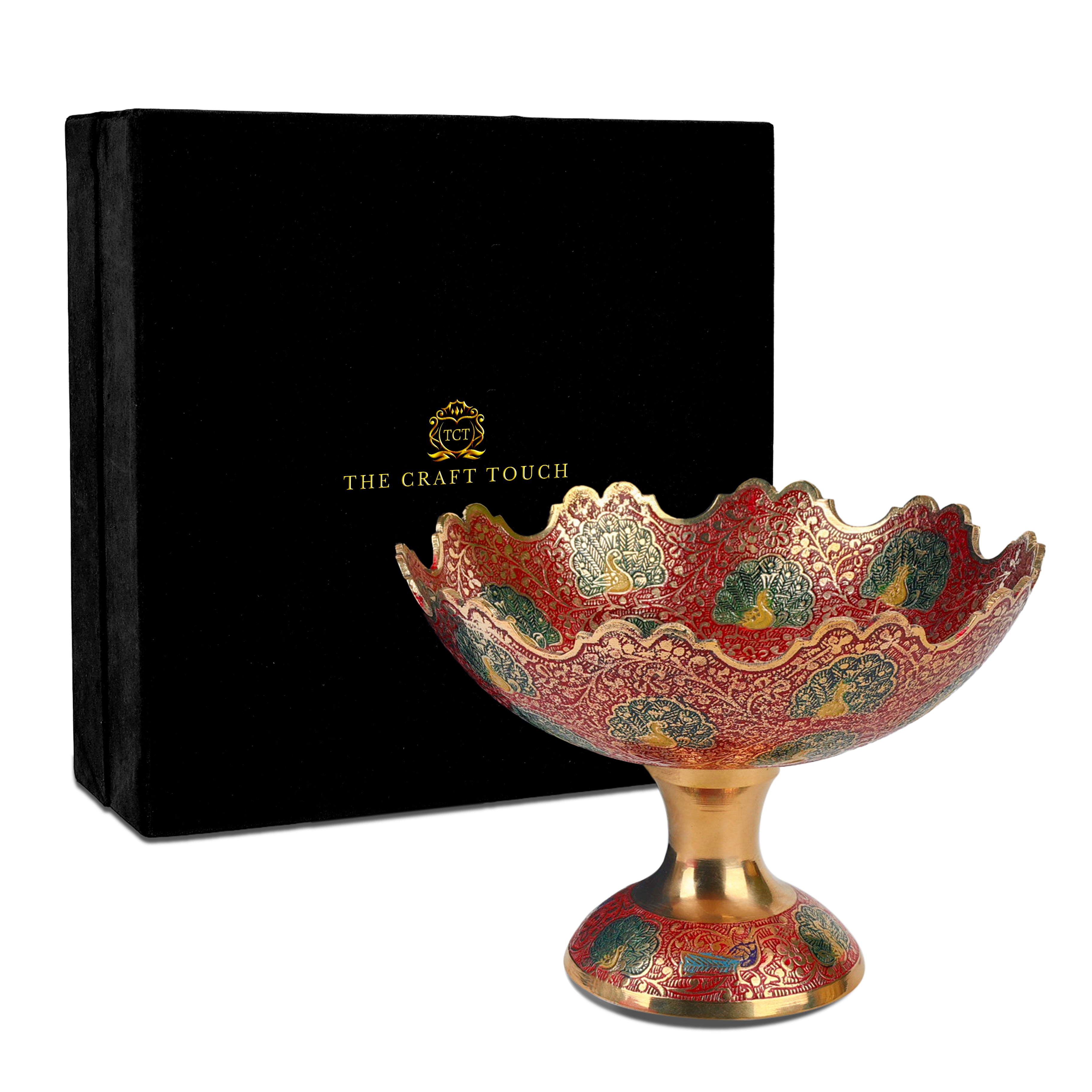 Handcrafted Antique Brass Pedestal Centerpiece – Red Peacock Design (With Velvet Box)