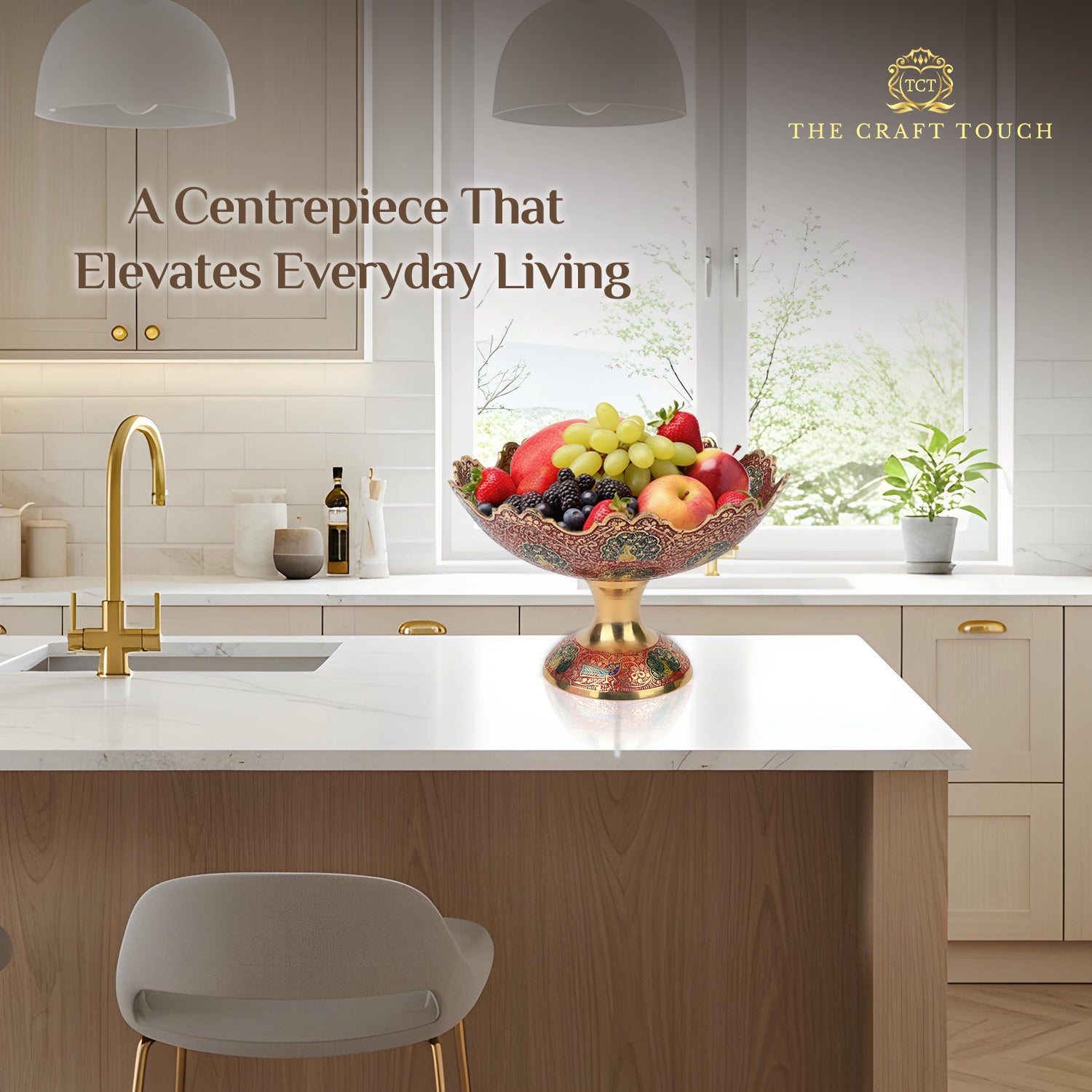 Handcrafted Antique Brass Pedestal Centerpiece – Red Peacock Design (With Velvet Box)