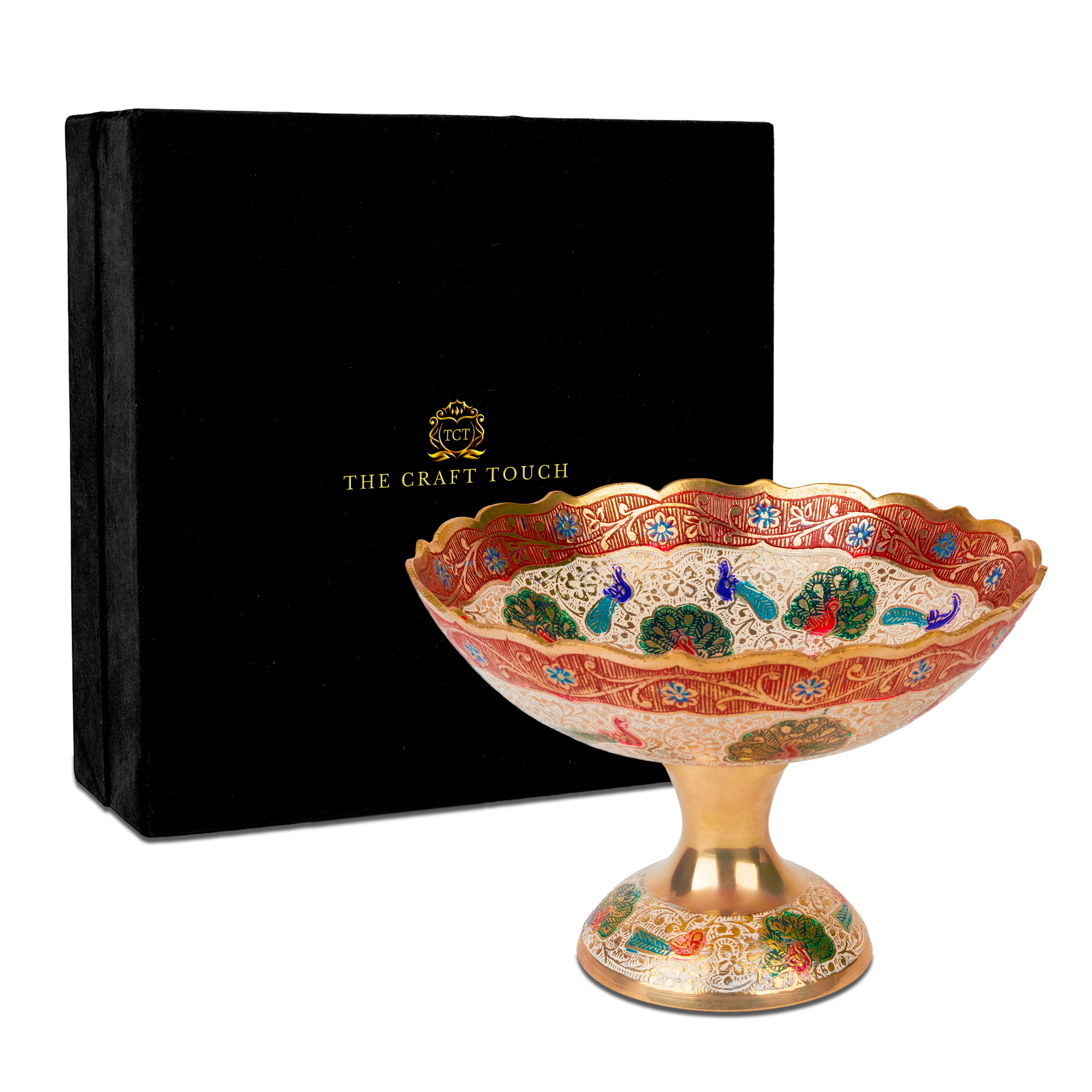 Handcrafted Brass Pedestal Centerpiece – Peacock Design (With Velvet Box)