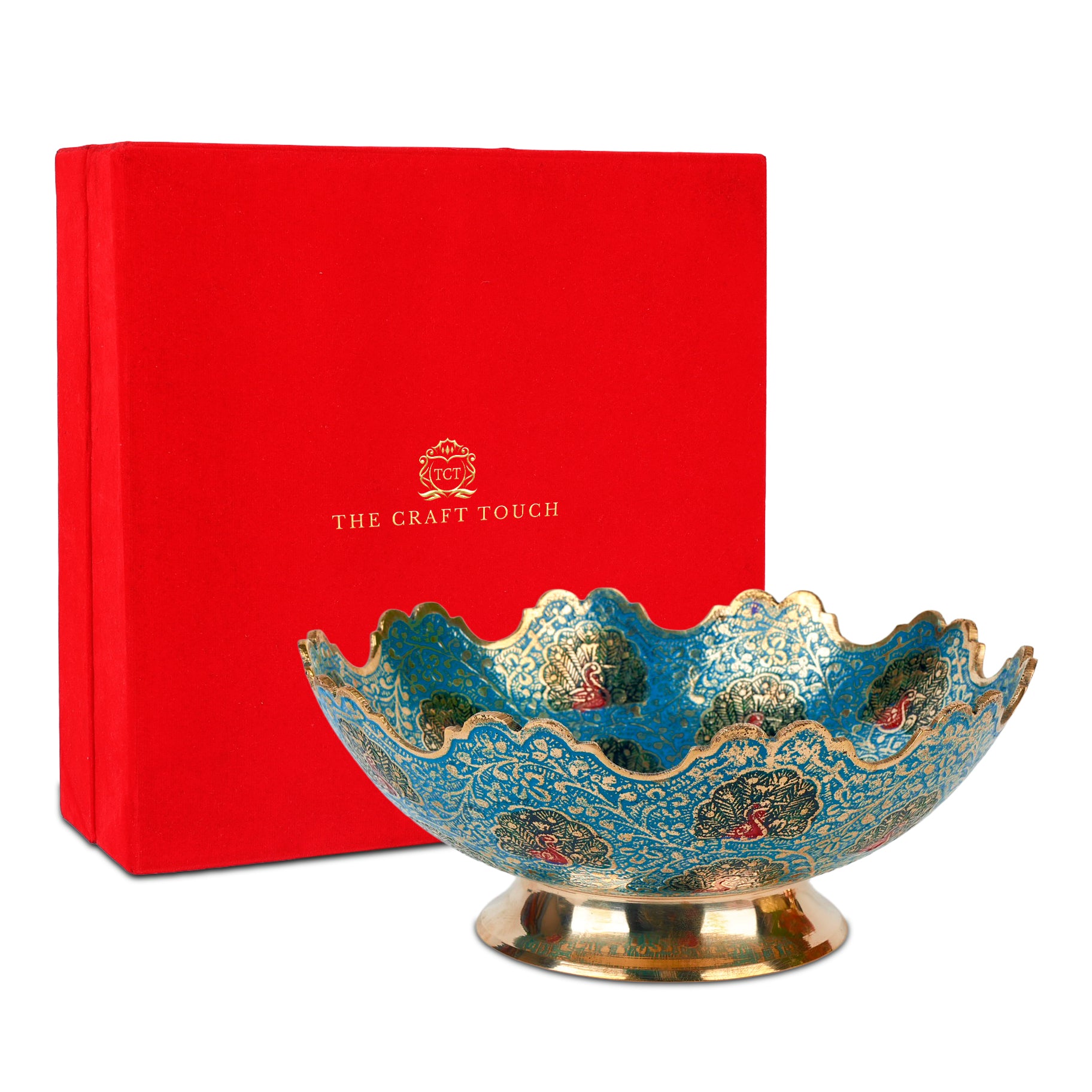 Handcrafted Brass Centerpiece – Peacock in Blue Enamel (With Velvet Box)