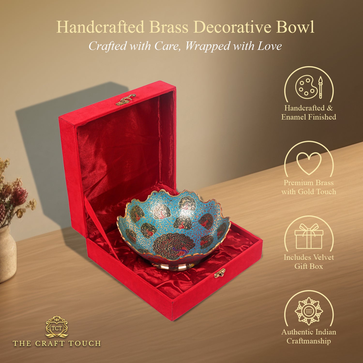 Handcrafted Brass Centerpiece – Peacock in Blue Enamel (With Velvet Box)