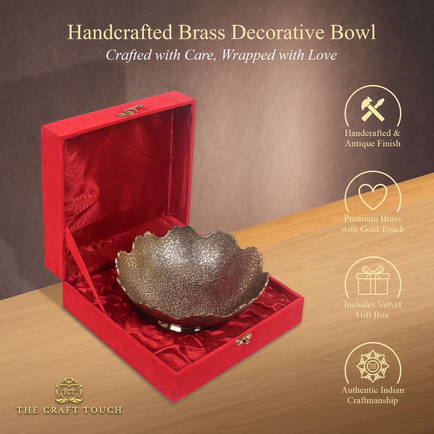 Handcrafted Brass Centerpiece – Antique Gold Finish (With Velvet Box)
