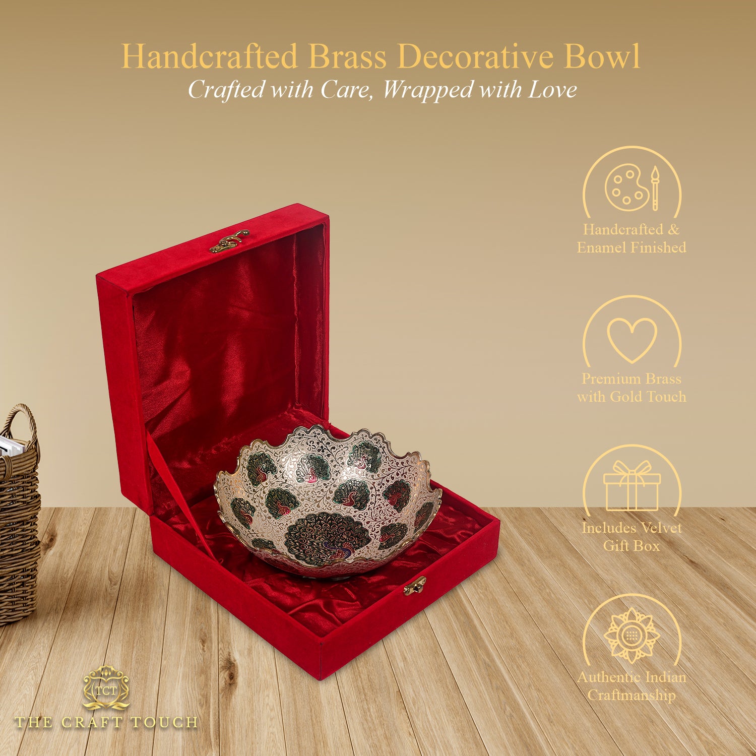 Handcrafted Brass Centerpiece – Antique Gold Peacock Design (With Velvet Box)