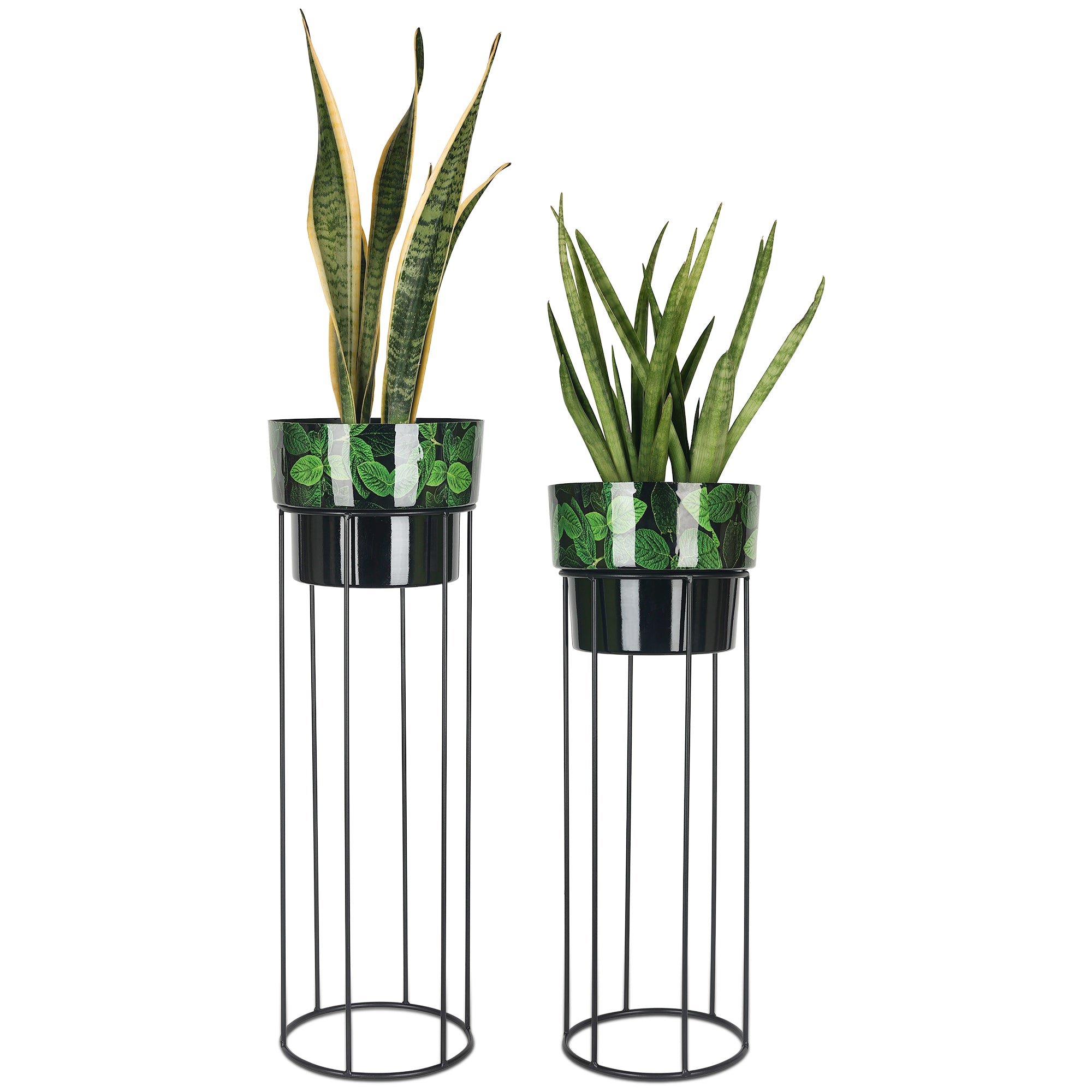 Green Leaf Design Metal Planter Set – with Black Stand