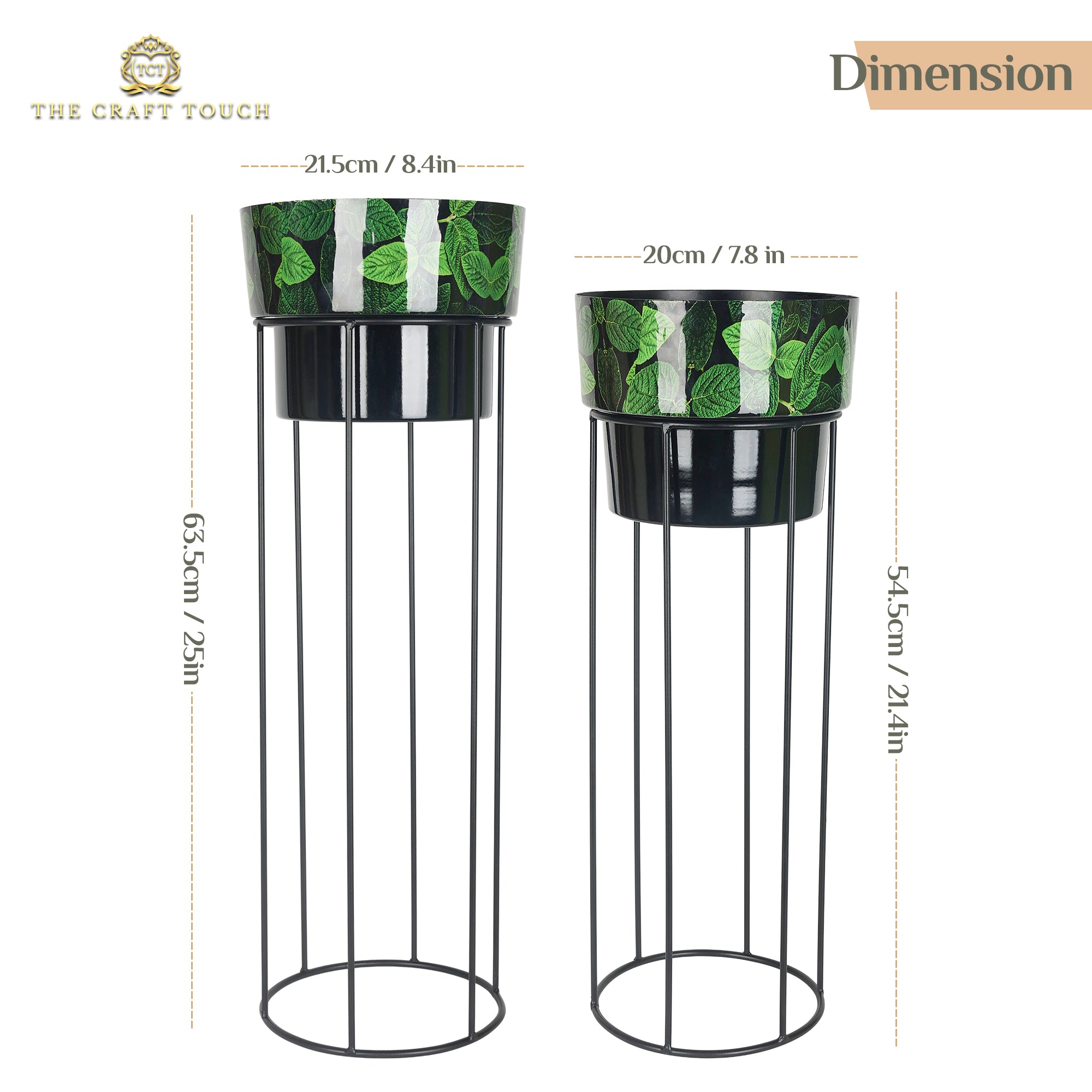 Green Leaf Design Metal Planter Set – with Black Stand