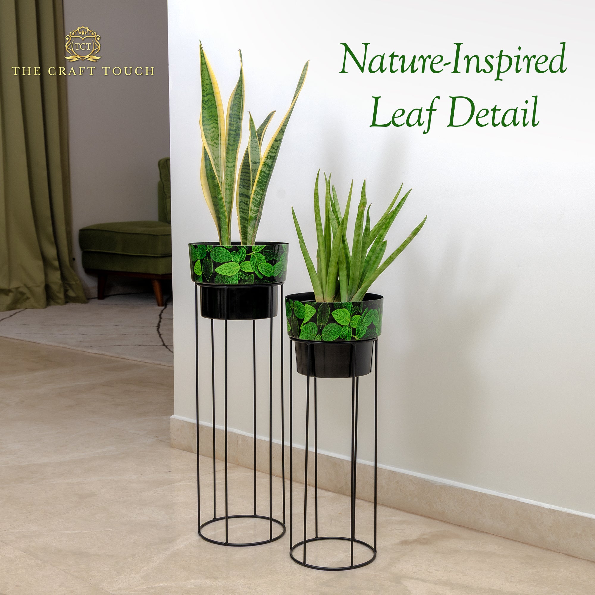 Green Leaf Design Metal Planter Set – with Black Stand