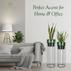 Green Leaf Design Metal Planter Set – with Black Stand