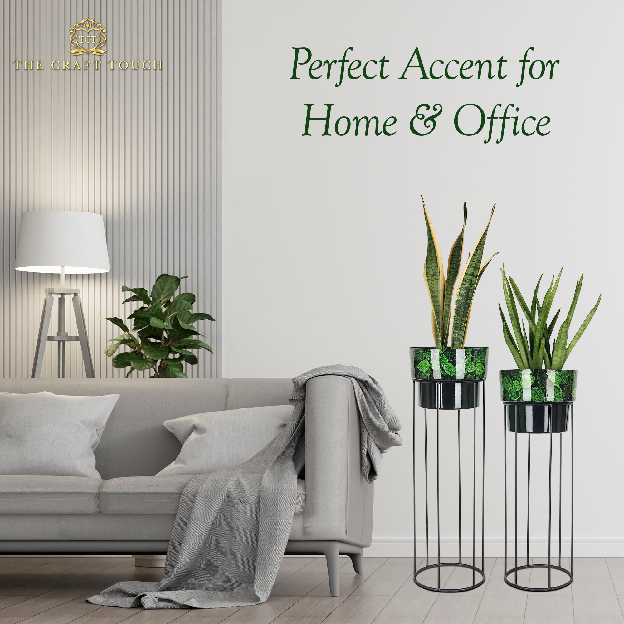 Green Leaf Design Metal Planter Set – with Black Stand