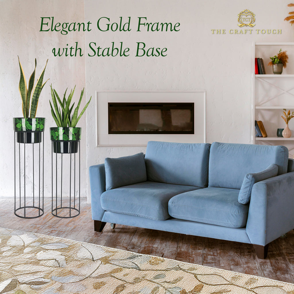 Green Leaf Design Metal Planter Set – with Black Stand