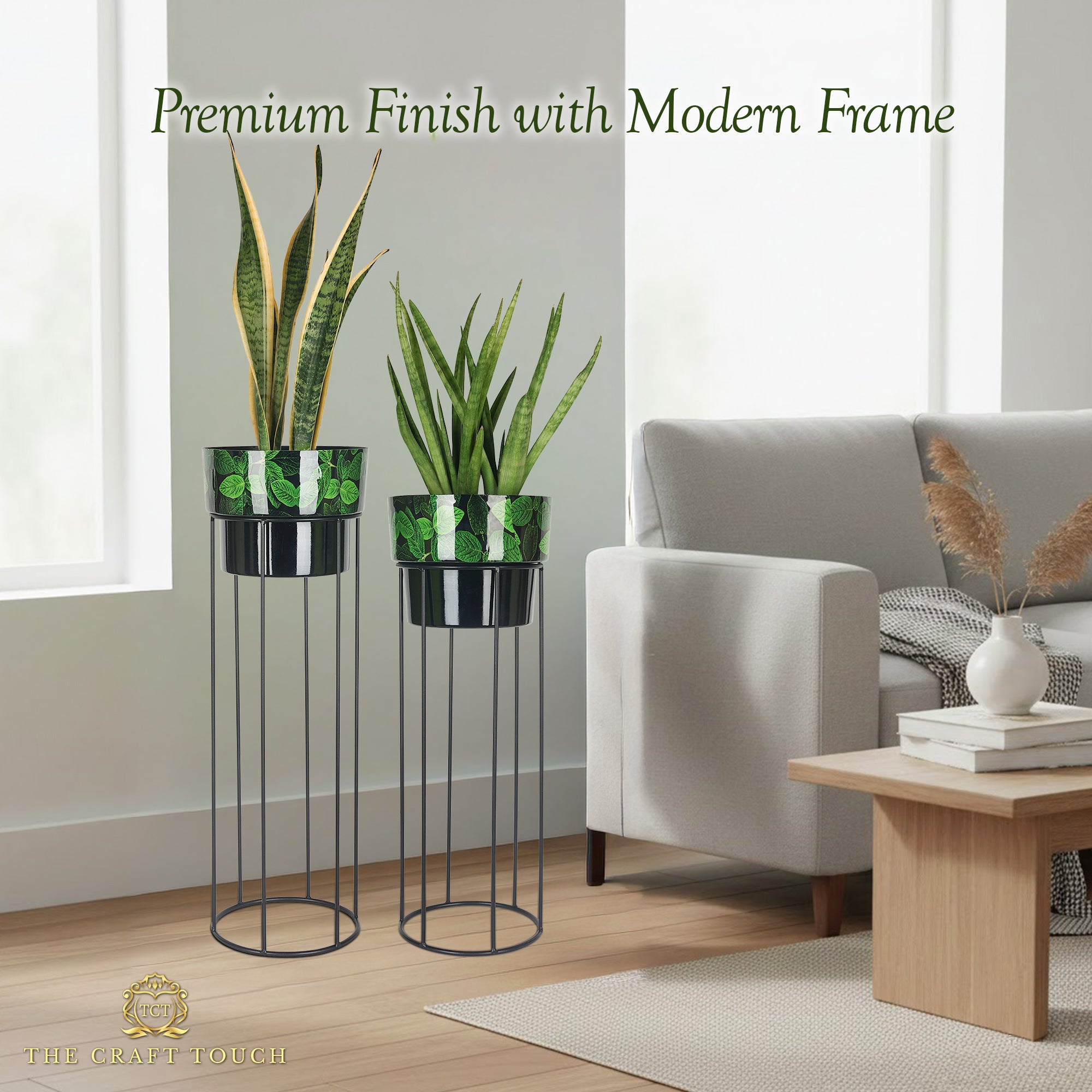 Green Leaf Design Metal Planter Set – with Black Stand