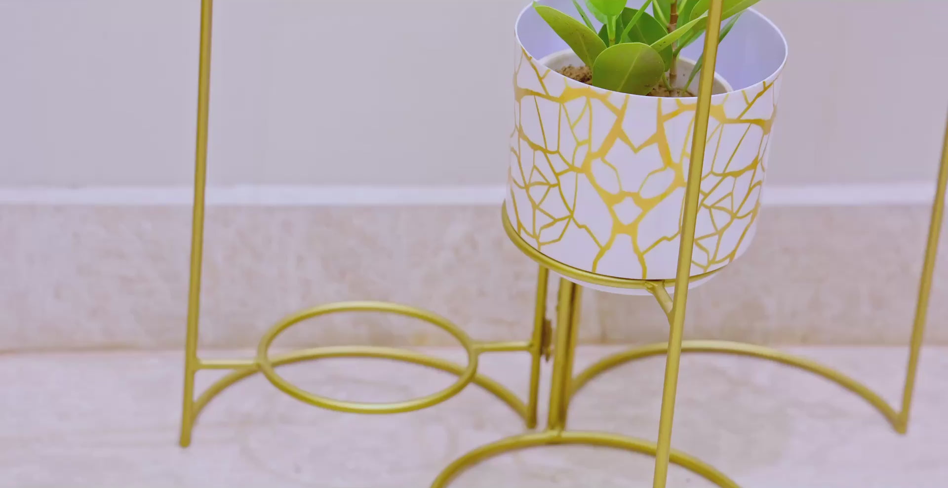 3-Tier Gold Frame Planter Stand with White & Gold Design pots